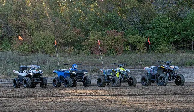 a group of 4 phoenix 200 vehicles parked in line in the middle of the forest during a sunset