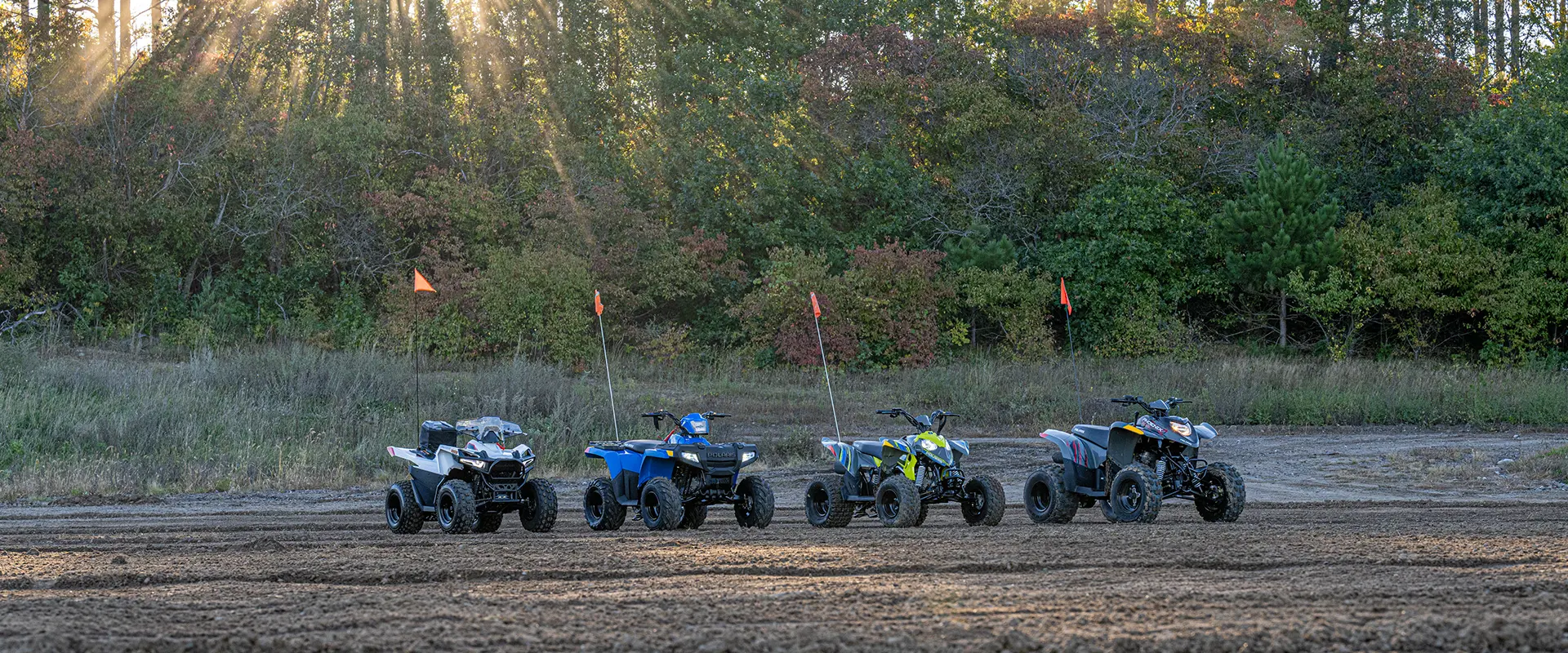 a group of 4 phoenix 200 vehicles parked in line in the middle of the forest during a sunset