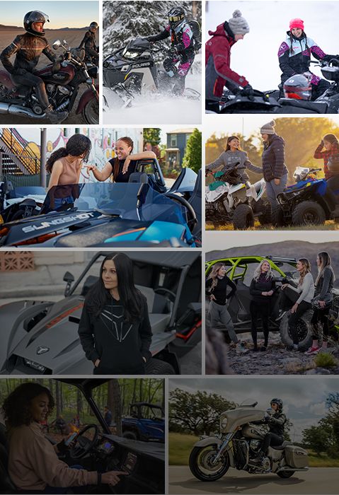 Diverse women riding various powersports vehicles including motorcycles, ATVs, UTVs, and snowmobiles for the International Female Ride Day.