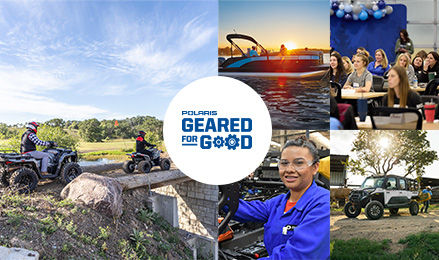 Collage featuring scenes of employees attending an event or working in a factory, people riding Polaris Sportsman ATVs, boating, and using a Polaris RANGER UTV.
