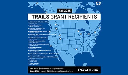 A map of North America highlights the locations of Polaris T.R.A.I.L.S. Grant Recipients for Fall 2025, listing 14 organizations that received $135,000 in grants.