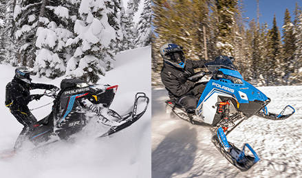 Comparación de dos motonieves de Polaris en acción: un conductor atravesando el polvo profundo en un denso bosque nevado y otro acelerando a lo largo de un sendero invernal bañado con rayos de sol.
