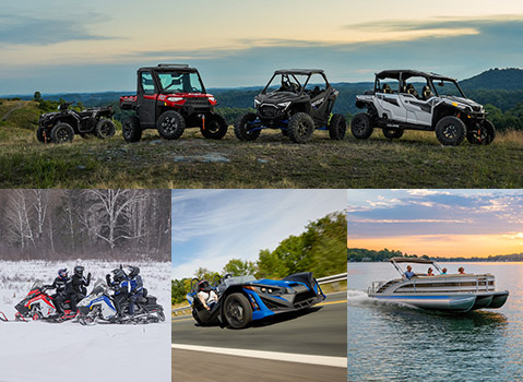 Collage of Polaris products featuring a Sportsman ATV, RANGER UTV, RZR Side-by-Side, XPEDITION Side-by-Side, snowmobiles, a Slingshot roadster, a Pro XD utility vehicle, and a pontoon boat in outdoor settings.