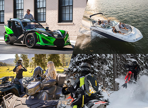 A collage of four images showcasing outdoor adventures: a green Polaris Slingshot roadster, a group on a motorboat, riders on Sportsman ATVs, and a snowmobile in deep snow.
