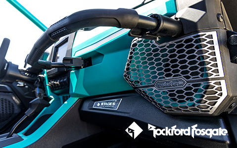Close-up of a Rockford Fosgate Stage 5 audio system speaker in a Polaris Off-Road vehicle.