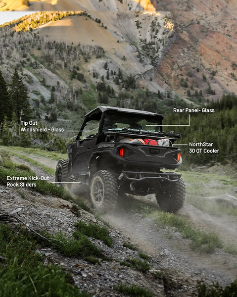 RIGID 32-inch combo LED light bar, poly sport roof, Lock & Ride full vented windshield and Polaris Pro HD 4500 lb winch accessories from the Trail Package installed on a 2025 Polaris GENERAL XP 1000 side-by-side.