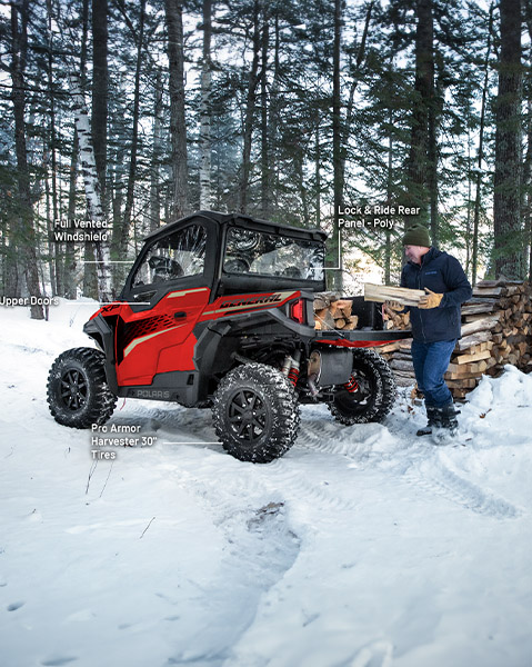 Lock & Ride full vented windshield, Rhino-Rack rear bed rack, extreme kick-out rock sliders and rear sport bumper accessories from the Utility Package installed on a 2024 Polaris GENERAL XP 1000 side-by-side.