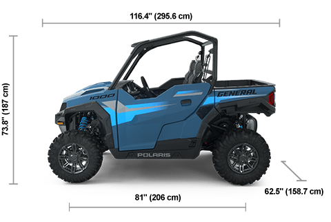 Vista lateral del Polaris General 1000 Premium de 2025 en azul cenit con dimensiones de altura, ancho y longitud.