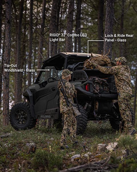 Pro Armor 33-inch combo LED light bar, Lock & Ride glass rear panel, rear adventure rack and Lock & Ride full glass windshield accessories from the Hunt Package installed on a 2025 Polaris GENERAL XP 1000 side-by-side.