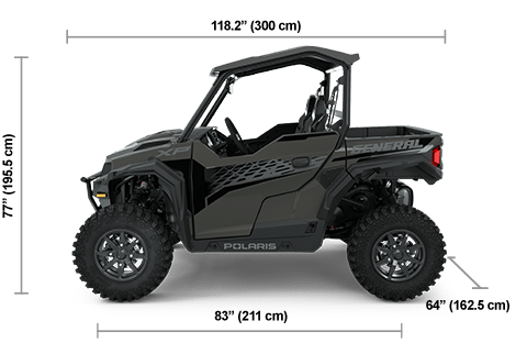 Vue latérale du Polaris GENERAL XP 1000 Premium 2025 gris granite avec les dimensions de hauteur, de largeur et de longueur.