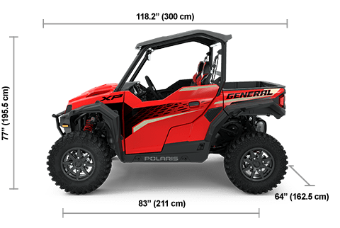 Side view of the Indy Red 2025 Polaris GENERAL XP 1000 Premium with height, width and length dimensions.