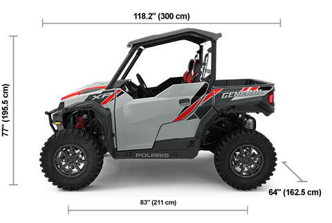 Side view of the Ghost Gray 2025 Polaris GENERAL XP 1000 Sport with height, width and length dimensions.