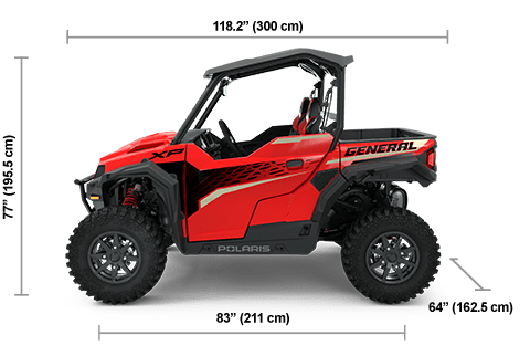Side view of the Indy Red 2025 Polaris GENERAL XP 1000 Ultimate with height, width and length dimensions.