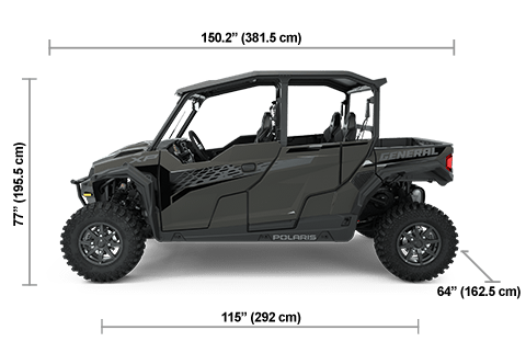 Side view of the Granite Gray 2025 Polaris GENERAL XP 4 1000 Premium with height, width and length dimensions.