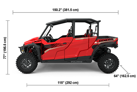 Vista lateral del Polaris GENERAL XP 4 1000 Premium de 2025 en rojo Indy con dimensiones de altura, ancho y longitud.