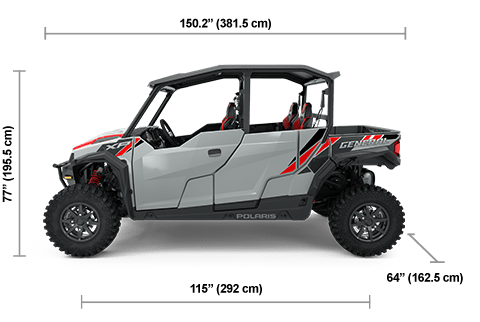 Vue latérale du Polaris GENERAL XP 4 1000 Sport 2025 gris fantôme avec les dimensions de hauteur, de largeur et de longueur.