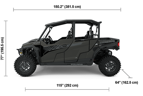 Side view of the Granite Gray 2025 Polaris GENERAL XP 4 1000 Ultimate with height, width and length dimensions.