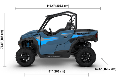 Side view of the Zenith Blue 2026 Polaris GENERAL 1000 with height, width and length dimensions.