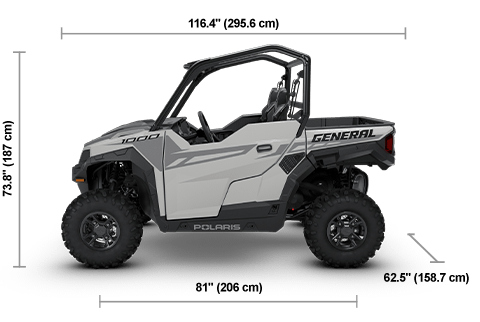 Side view of the Ghost Gray 2026 Polaris GENERAL 1000 with height, width and length dimensions.
