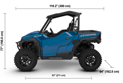 Vista lateral del Polaris GENERAL XP 1000 Premium de 2026 en Earth Blue con dimensiones de altura, ancho y longitud.