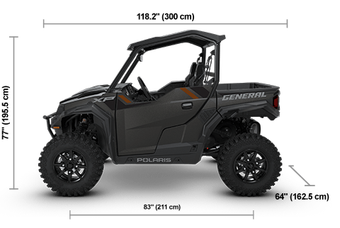 Side view of the Super Graphite 2026 Polaris GENERAL XP 1000 Premium with height, width and length dimensions.