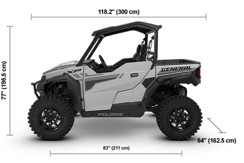 Side view of the Ghost Gray 2026 Polaris GENERAL XP 1000 Sport with height, width and length dimensions.
