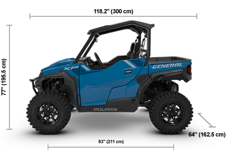 Side view of the Earth Blue 2026 Polaris GENERAL XP 1000 Ultimate with height, width and length dimensions.