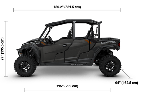 Side view of the Super Graphite 2026 Polaris GENERAL XP 4 1000 Premium with height, width and length dimensions.