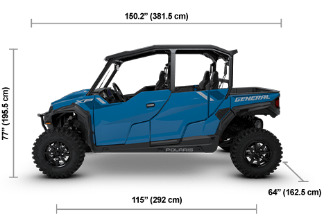 Side view of the Earth Blue 2026 Polaris GENERAL XP 4 1000 Ultimate with height, width and length dimensions.
