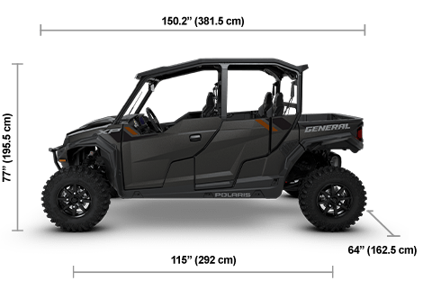 Side view of the Super Graphite 2026 Polaris GENERAL XP 4 1000 Ultimate with height, width and length dimensions.