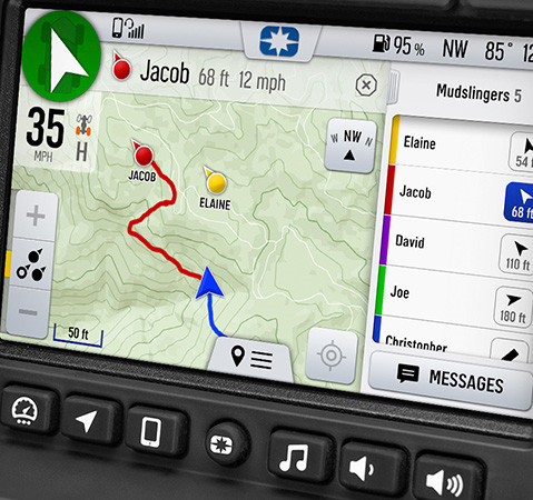 A RIDE COMMAND touch screen in a GENERAL crossover side-by-side UTV being used to track a Group Ride.