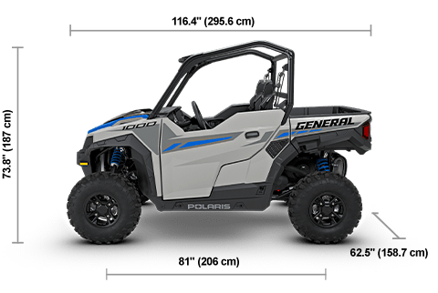 Side view of the Ghost Gray 2027 Polaris GENERAL 1000 Sport with height, width and length dimensions.