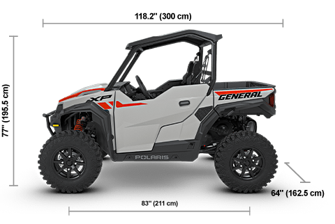 Side view of the Ghost Gray 2027 Polaris GENERAL XP 1000 Sport with height, width and length dimensions.