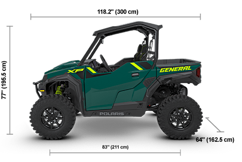 Side view of the Adventure Green 2027 Polaris GENERAL XP 1000 Ultimate with height, width and length dimensions.