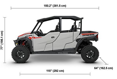 Side view of the Ghost Gray 2027 Polaris GENERAL XP 4 1000 Sport with height, width and length dimensions.