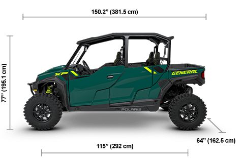 Side view of the Adventure Green 2027 Polaris GENERAL XP 4 1000 Ultimate with height, width and length dimensions.