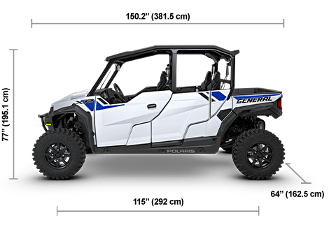Side view of the Ghost White 2027 Polaris GENERAL XP 4 1000 Ultimate with height, width and length dimensions.