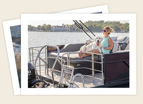 Woman and her dog on a relaxing on a Godfrey Pontoon