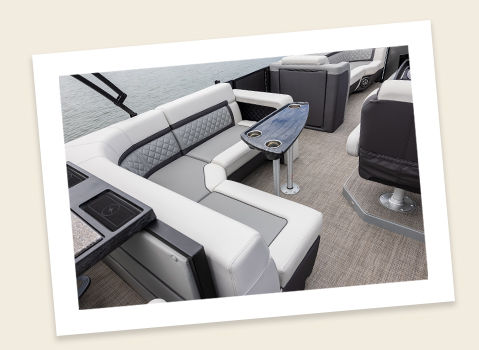 lounge seating on a godfrey aquapatio entertainment pontoon