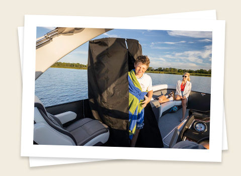 popup midship changing room on a godfrey aquapatio lounge pontoon