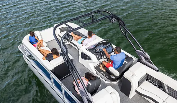 aerial view of a family relaxing on their godfrey sanpan split bench pontoon