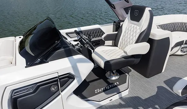 captain's chair and console on a godfrey sanpan split bench pontoon