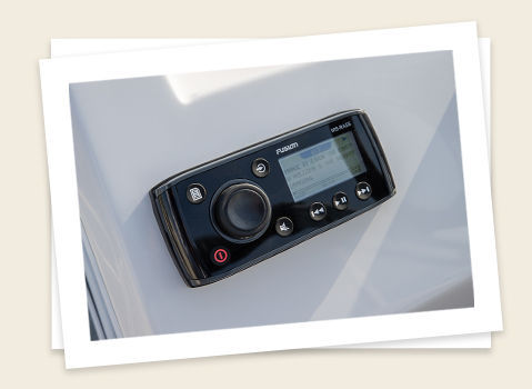 fusion stereo system on a godfrey Sweetwater Xperience split bench pontoon