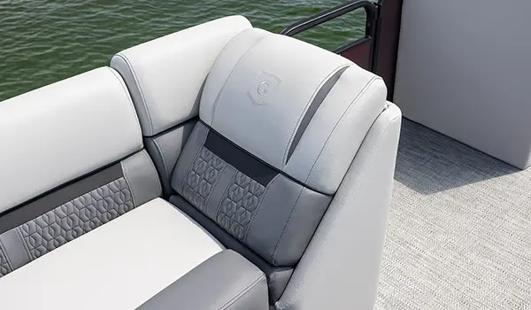premium stitching on the split bench seats on a godfrey sweetwater cruise tritoon