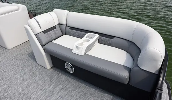 bow split bench seat and moveable cup holder on a godfrey sweetwater split bench pontoon