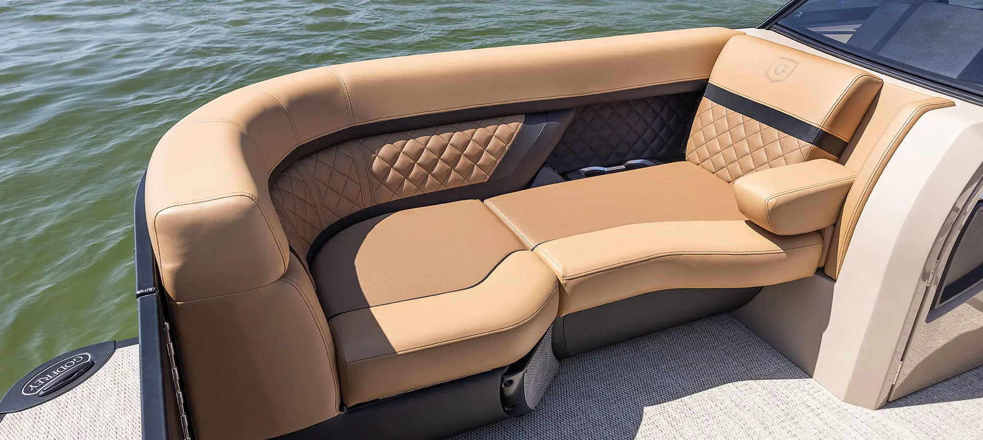 Premium seating on a Godfrey AquaPatio Lounge pontoon boat.