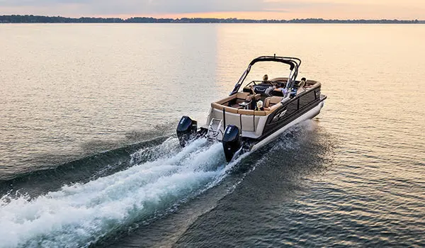 rear view of the twin engines on a godfrey aquapatio lounge pontoon