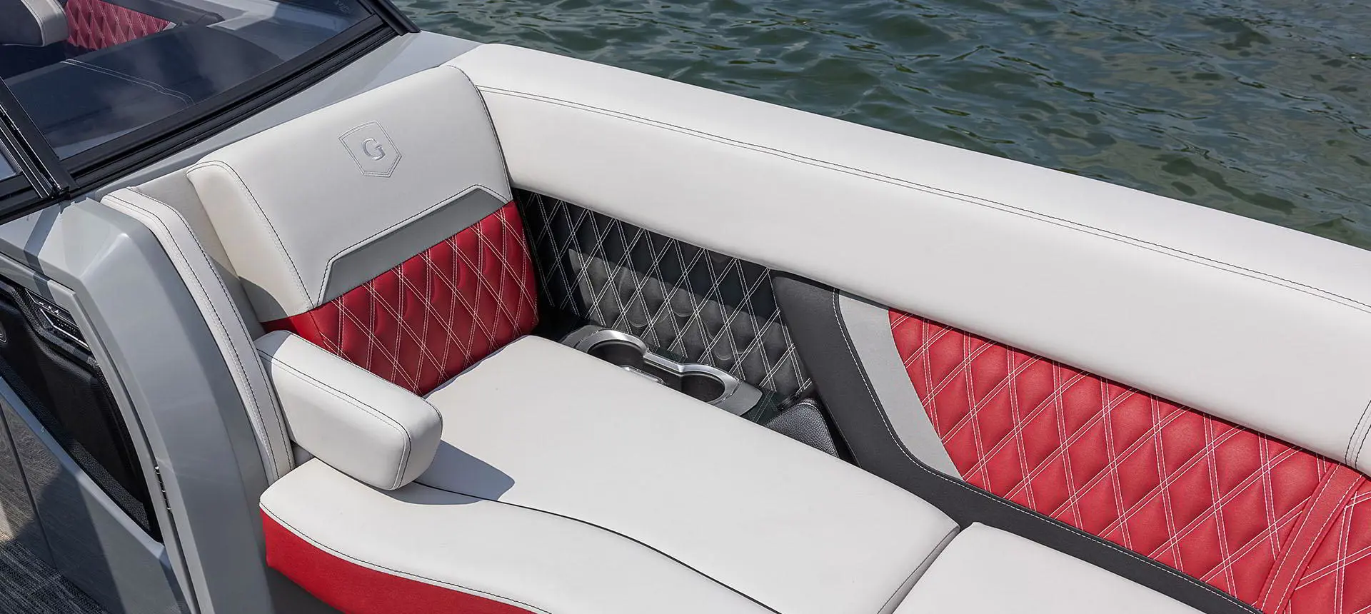 Split bench seat on the bow of a Godfrey Sanpan Twin tritoon.