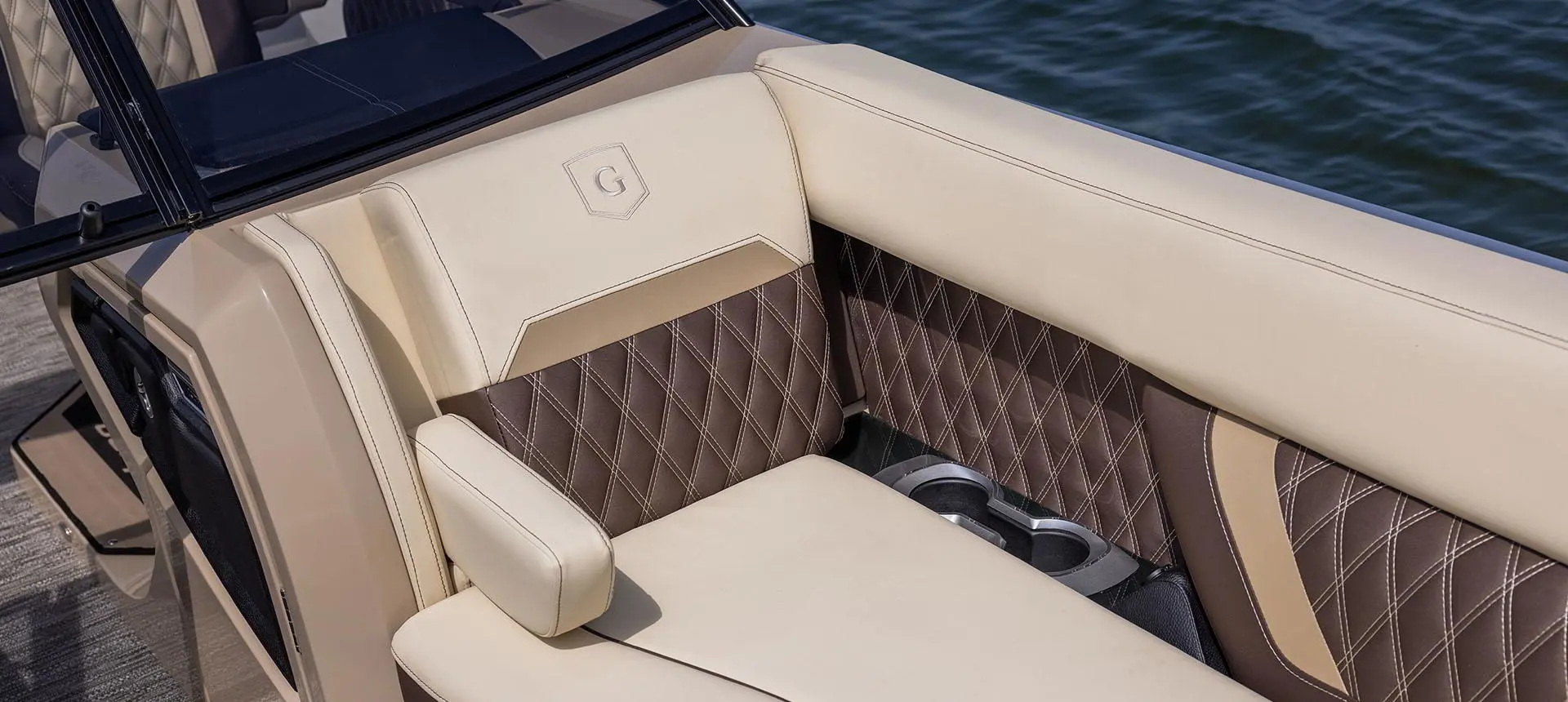 Premium split bench seating on a Godfrey Sanpan Twin tritoon.