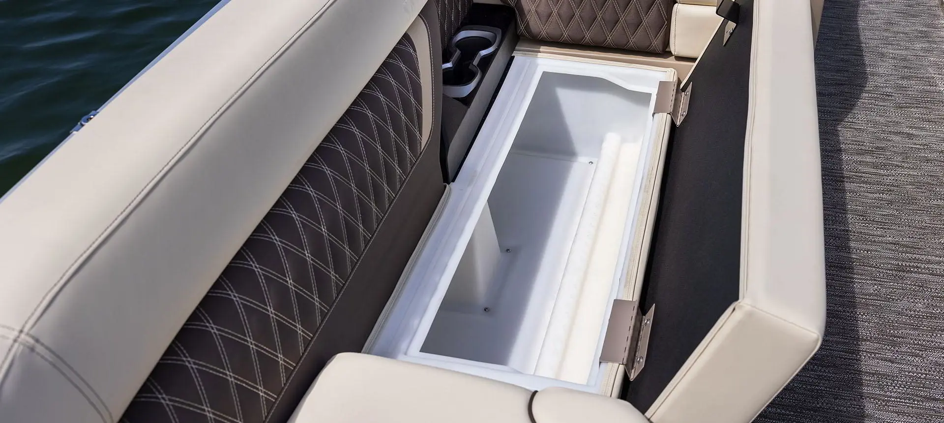 In-seat storage on a Godfrey Sanpan Twin tritoon.